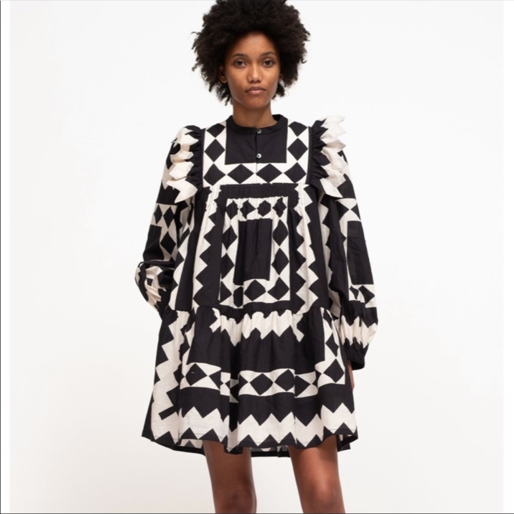 Sea Helena Long Sleeve Geometric Ruffle Quilted Poplin Mini Tunic Dress Black M